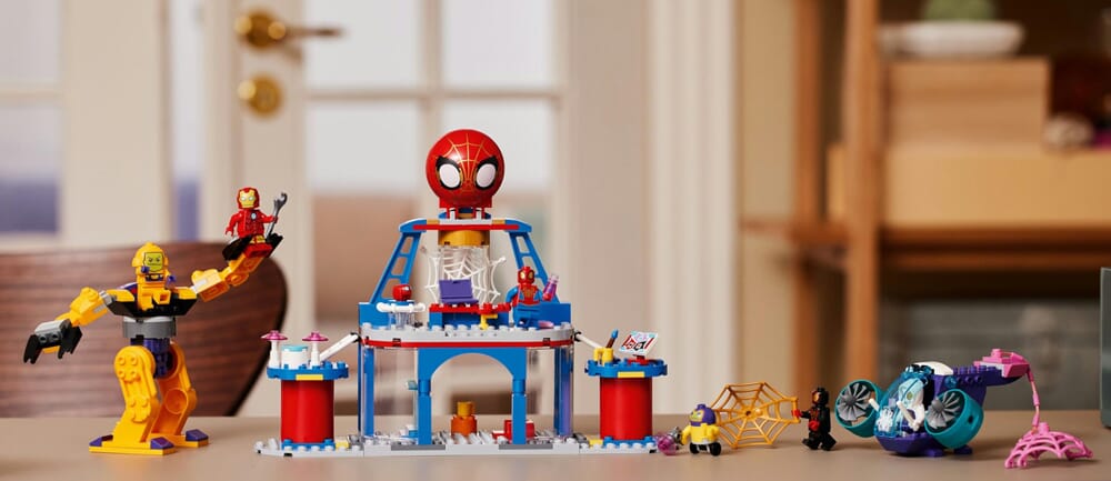 Zestaw LEGO Spider-Man Web Warriors Bridge Battle z figurkami Iron Mana i robota