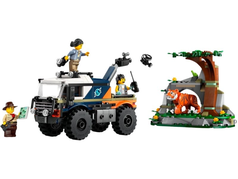 Camion d'exploration jungle avec grotte et tigre