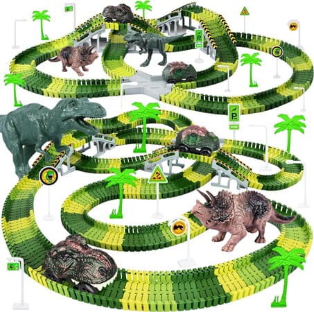 Pista de Carreras con Dinosaurios y Coches Motorizados