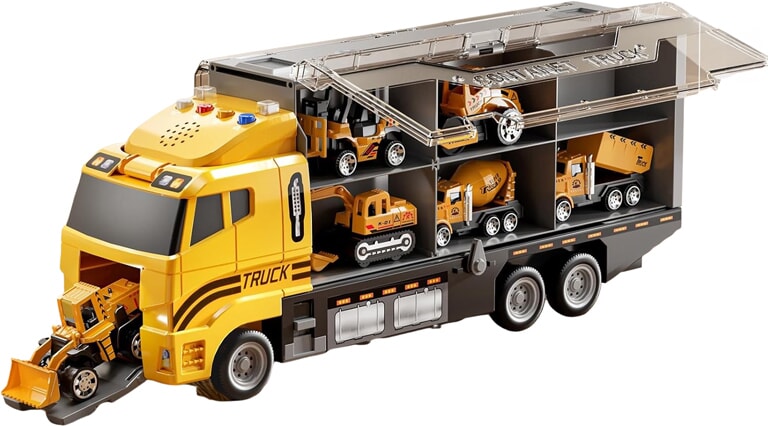 Camion Trasportatore con 6 Veicoli da Cantiere e Tappeto da Gioco