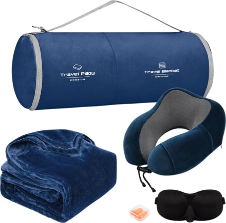 Reiscomfortset met traagschuim nekkussen en fleecedeken