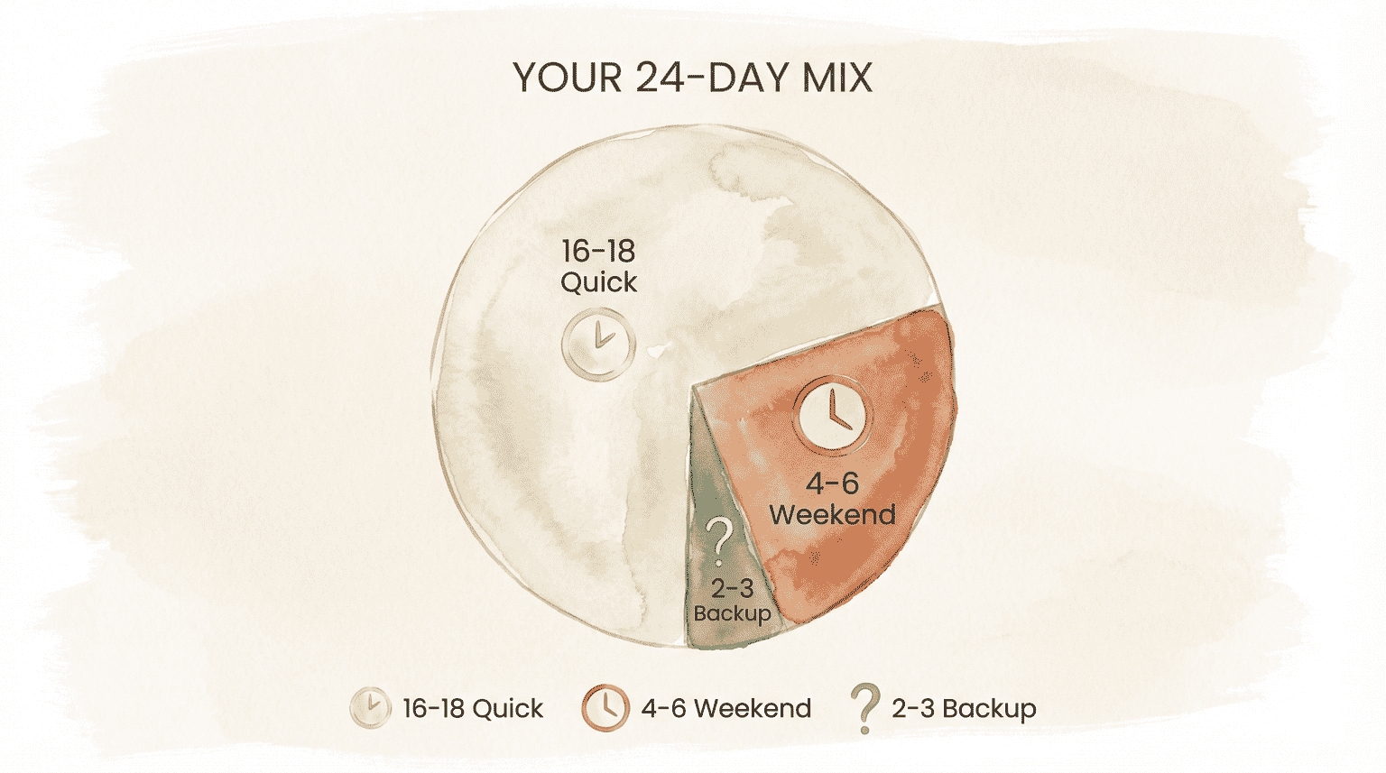 Pie chart showing recommended ratio of 16-18 quick activities, 4-6 weekend activities, and 2-3 backups
