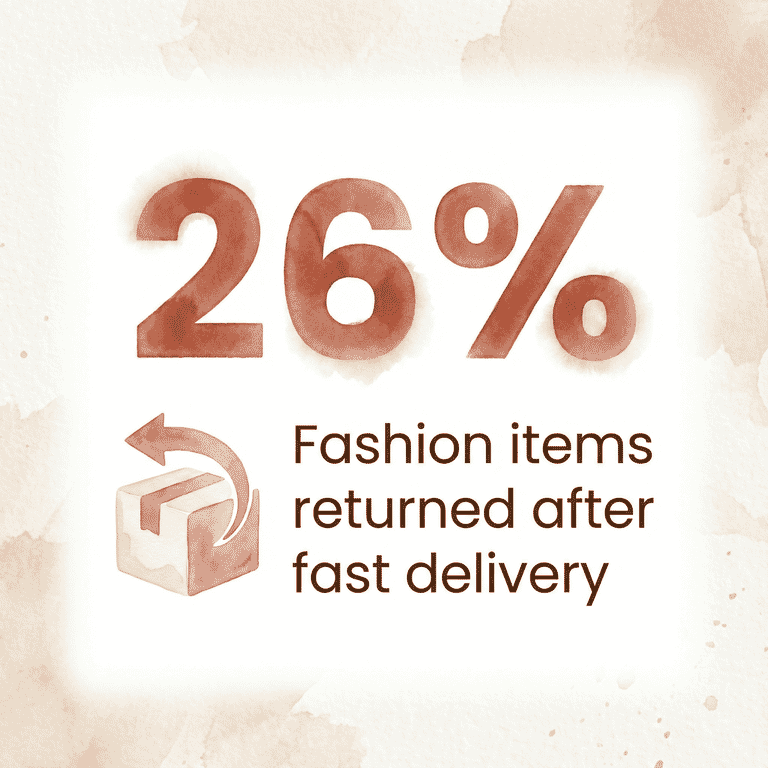 Stat showing 26 percent of fashion items returned after fast delivery