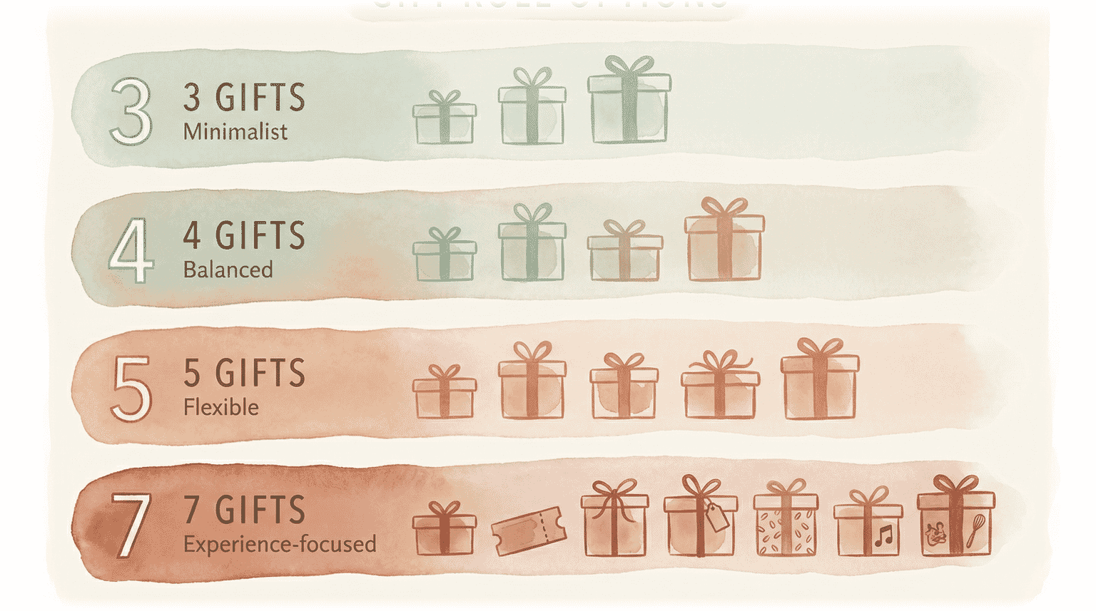 Visual comparison of 3 gift 4 gift 5 gift and 7 gift rule frameworks for Christmas