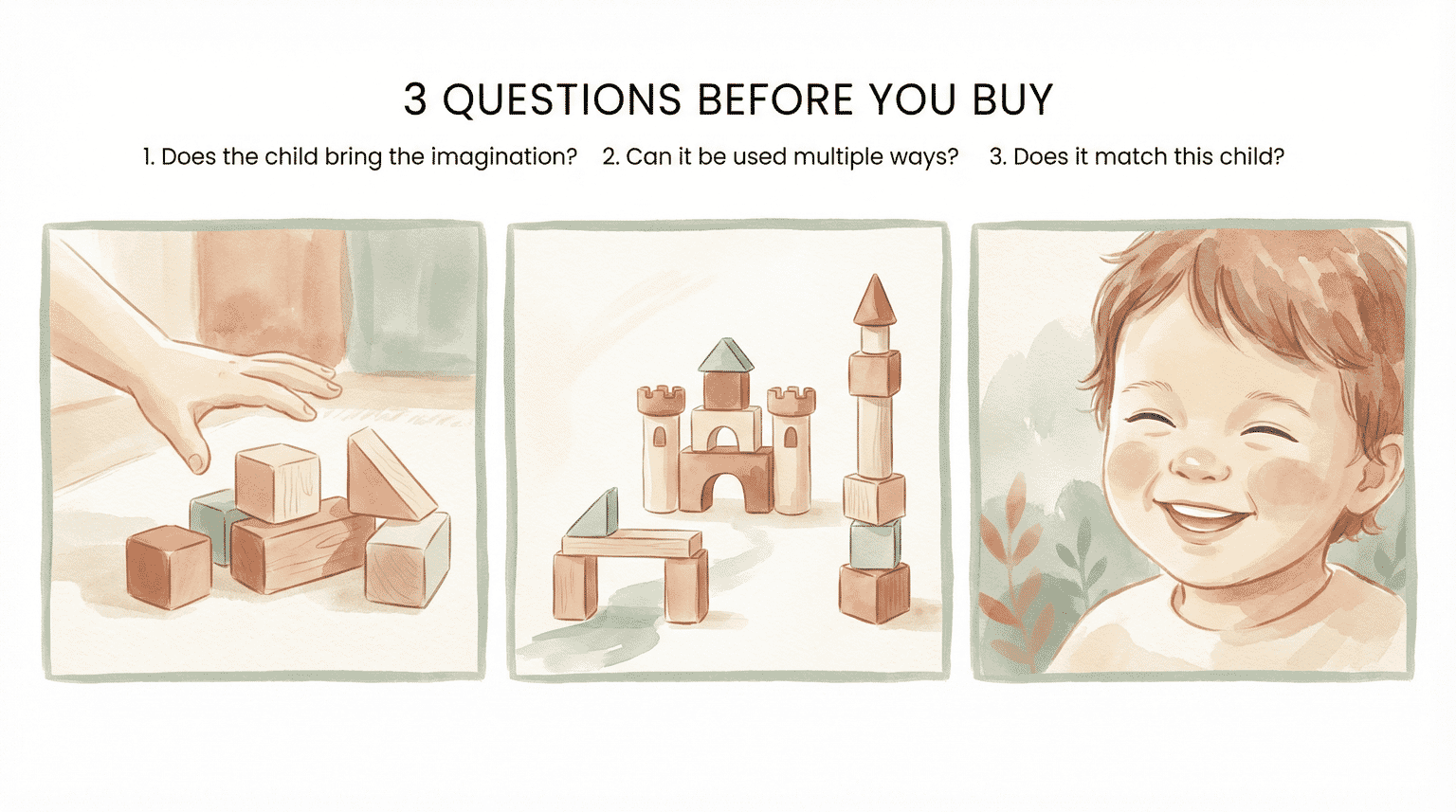 Three-panel infographic showing quality toy evaluation steps: child brings imagination, multiple uses, and matching the child