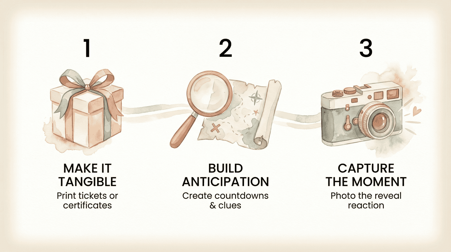 Three step guide showing make it tangible, build anticipation, and capture the moment for experience gift presentation
