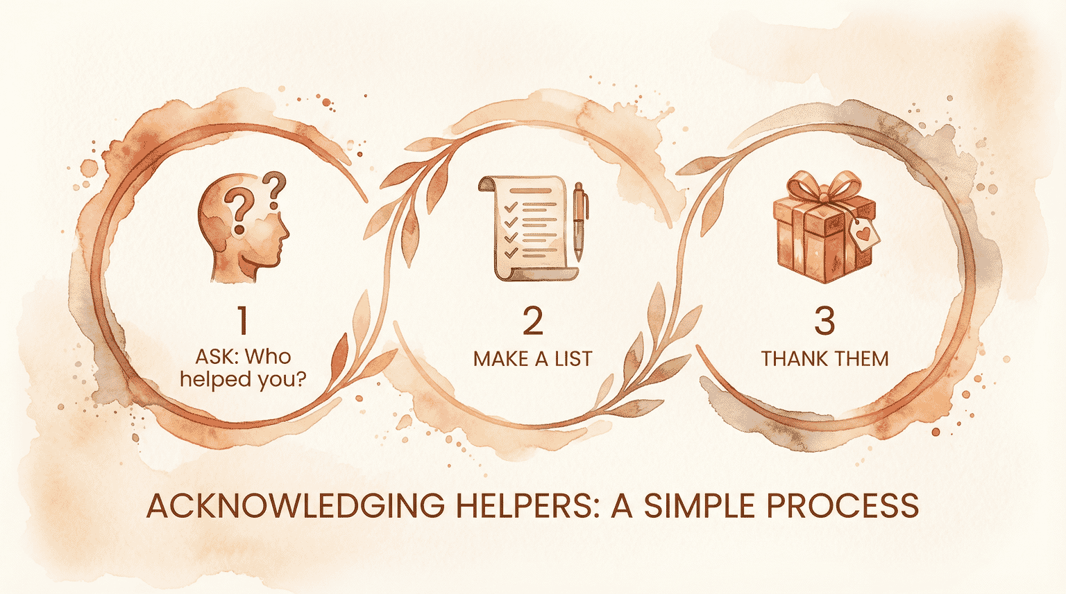 Three-step process for acknowledging helpers: ask who helped, make a list, thank them