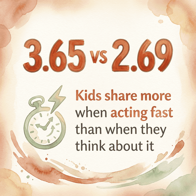 Stat showing kids share 3.65 items when acting fast versus 2.69 when deliberating