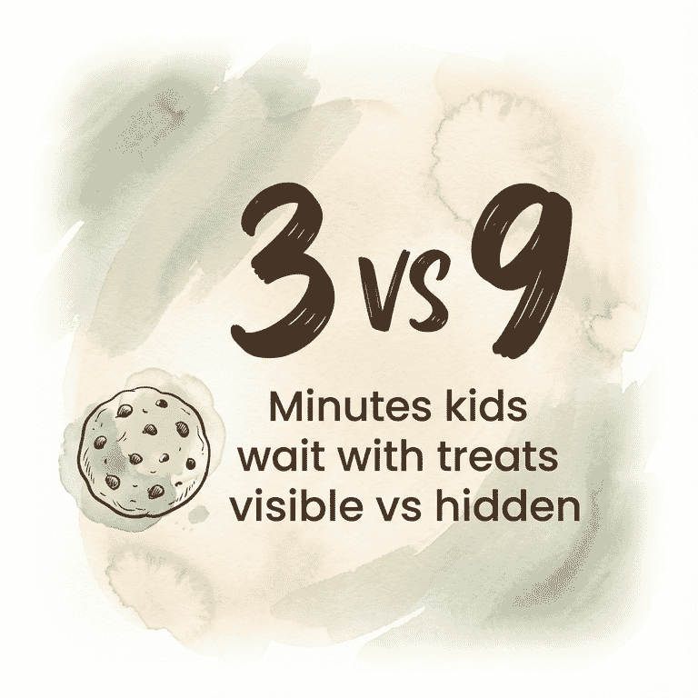Stat comparing 3 minutes kids wait with treats visible versus 9 minutes with treats hidden