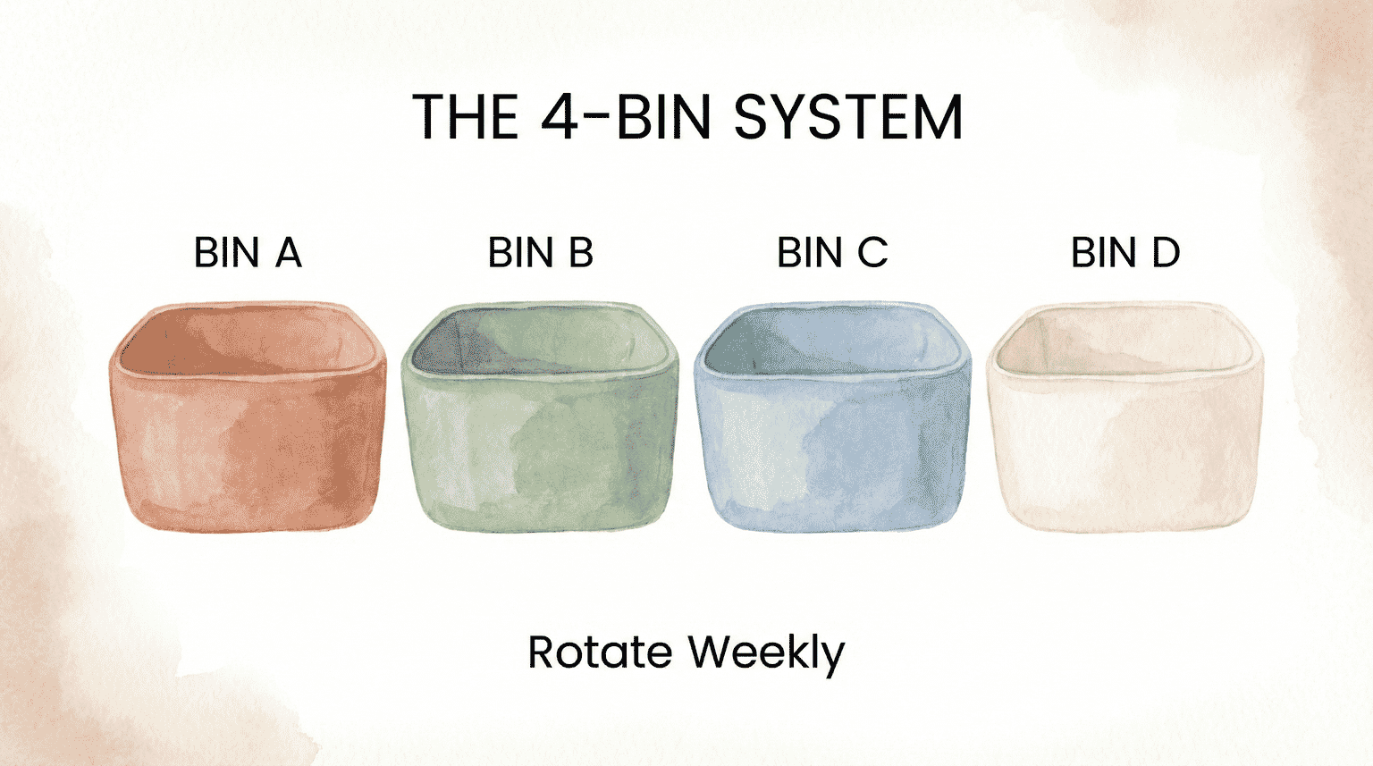Four-bin toy rotation system infographic showing bins A through D rotating weekly