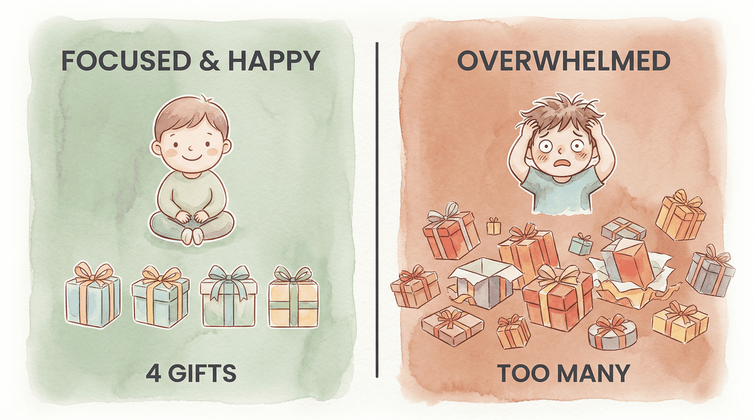 Comparison illustration showing calm focused child with 4 gifts versus overwhelmed child with too many presents