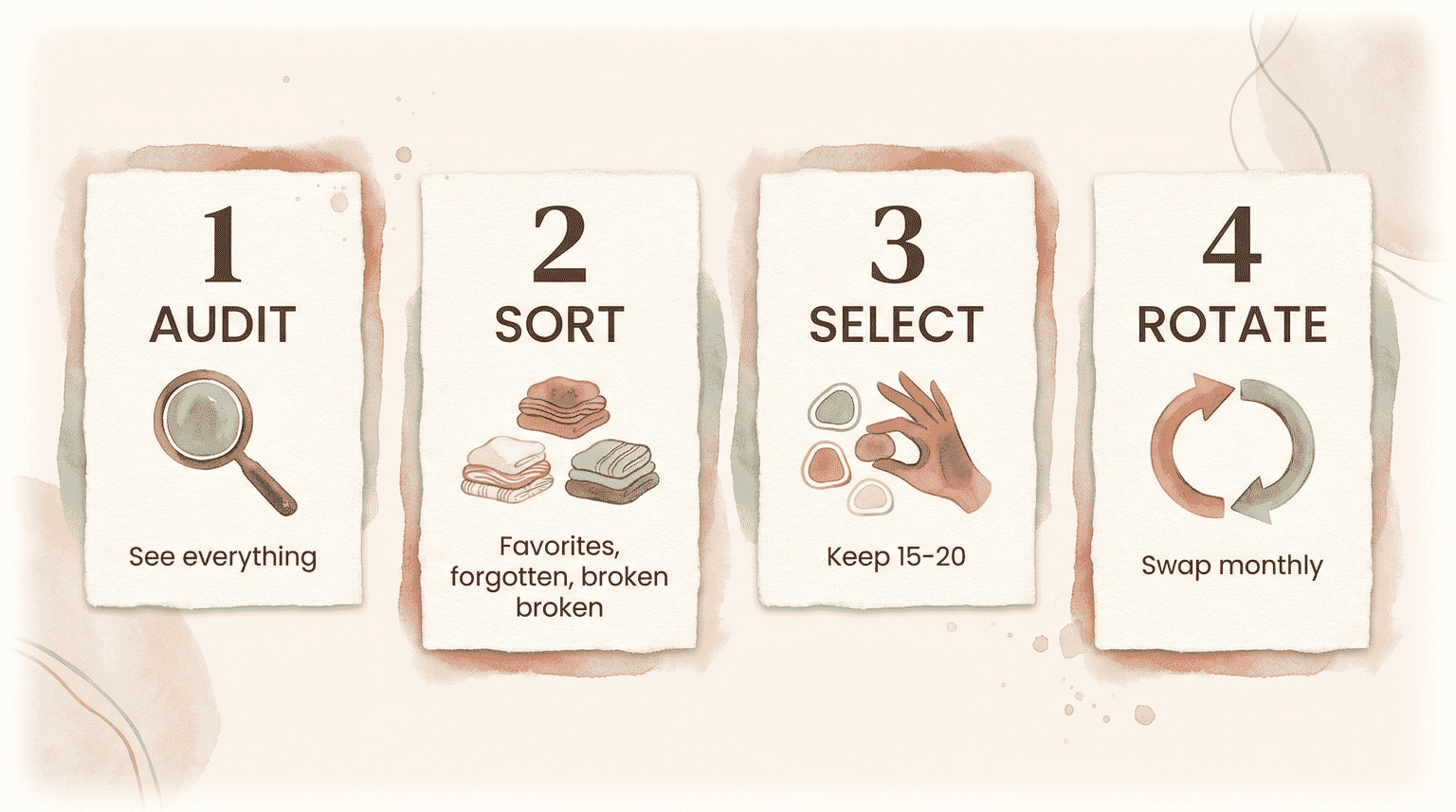 Four-step process diagram showing audit, sort, select, and rotate phases for implementing the 20-toy rule