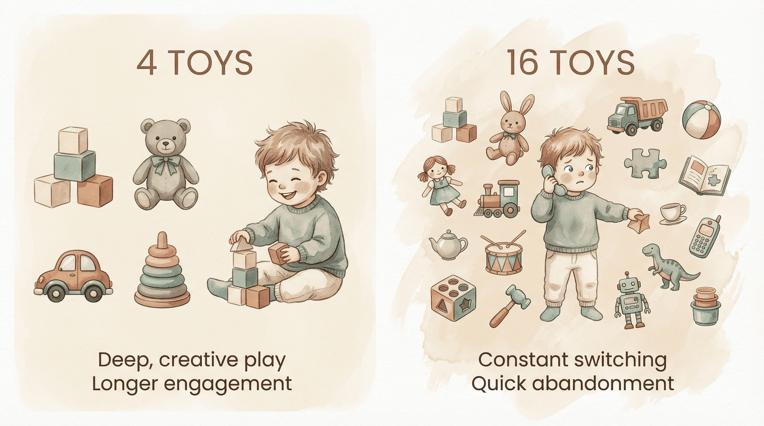 Comparison chart showing 4 toys lead to deep creative play while 16 toys cause constant switching
