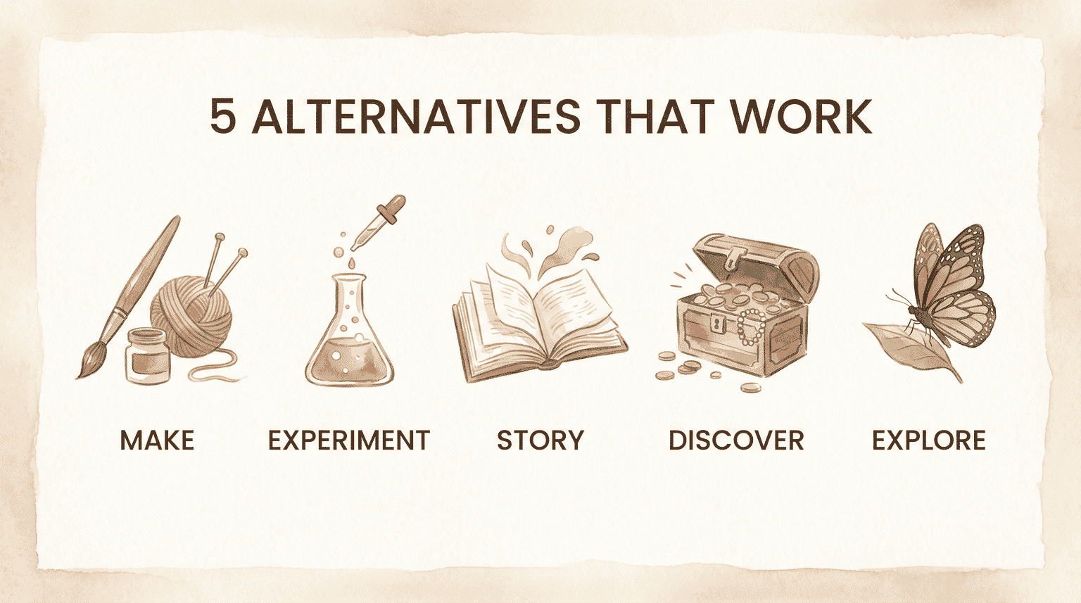 Infographic showing five unboxing alternatives: make, experiment, story, discover, explore
