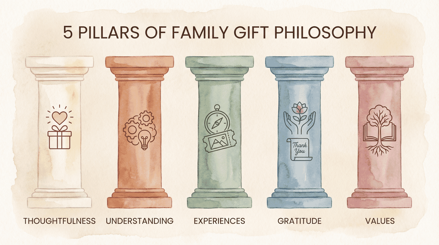 Five pillars of family gift philosophy showing thoughtfulness understanding experiences gratitude and values