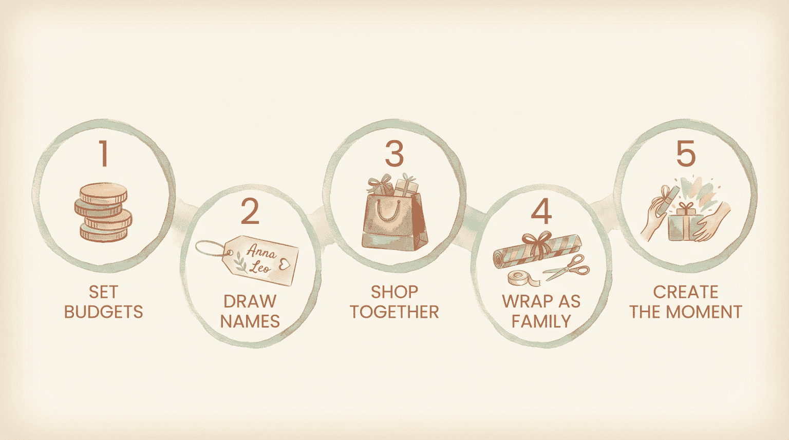 Five step process diagram showing set budgets draw names shop together wrap as family create the moment