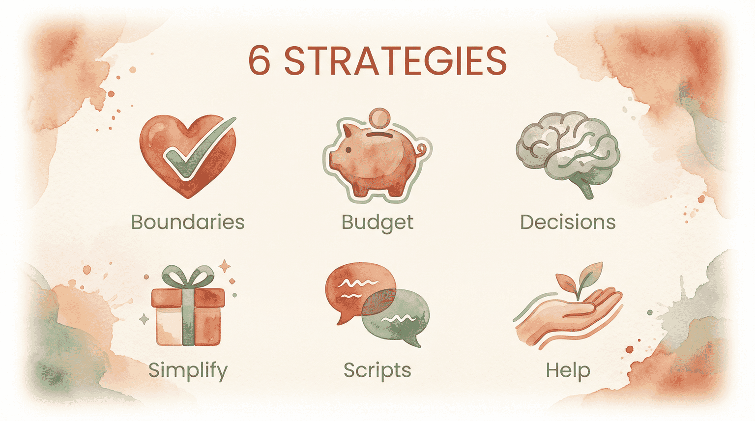 Six strategy icons for holiday gift-giving showing boundaries budget decisions simplify scripts and help
