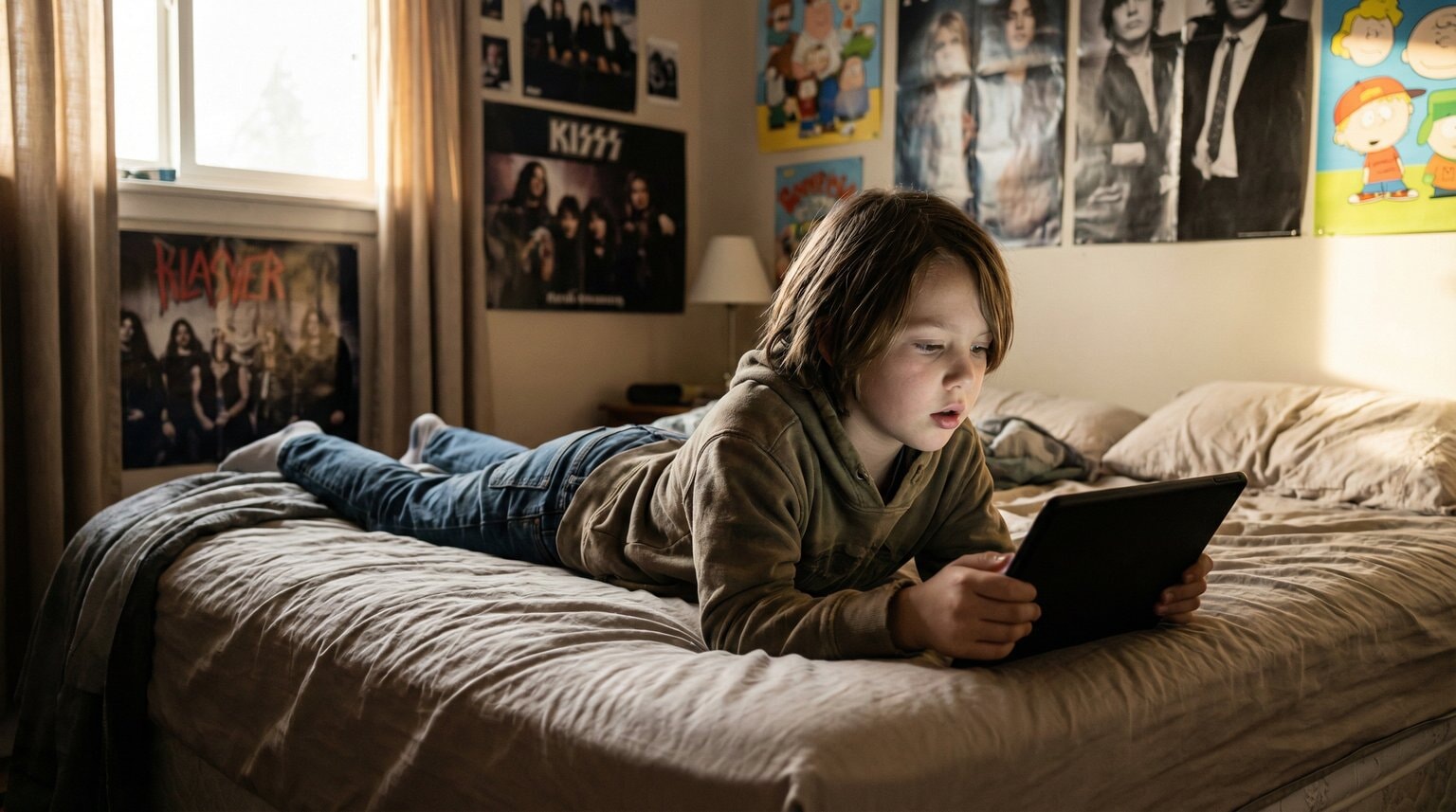 Preteen lying on bed completely absorbed in tablet with glazed trance-like expression