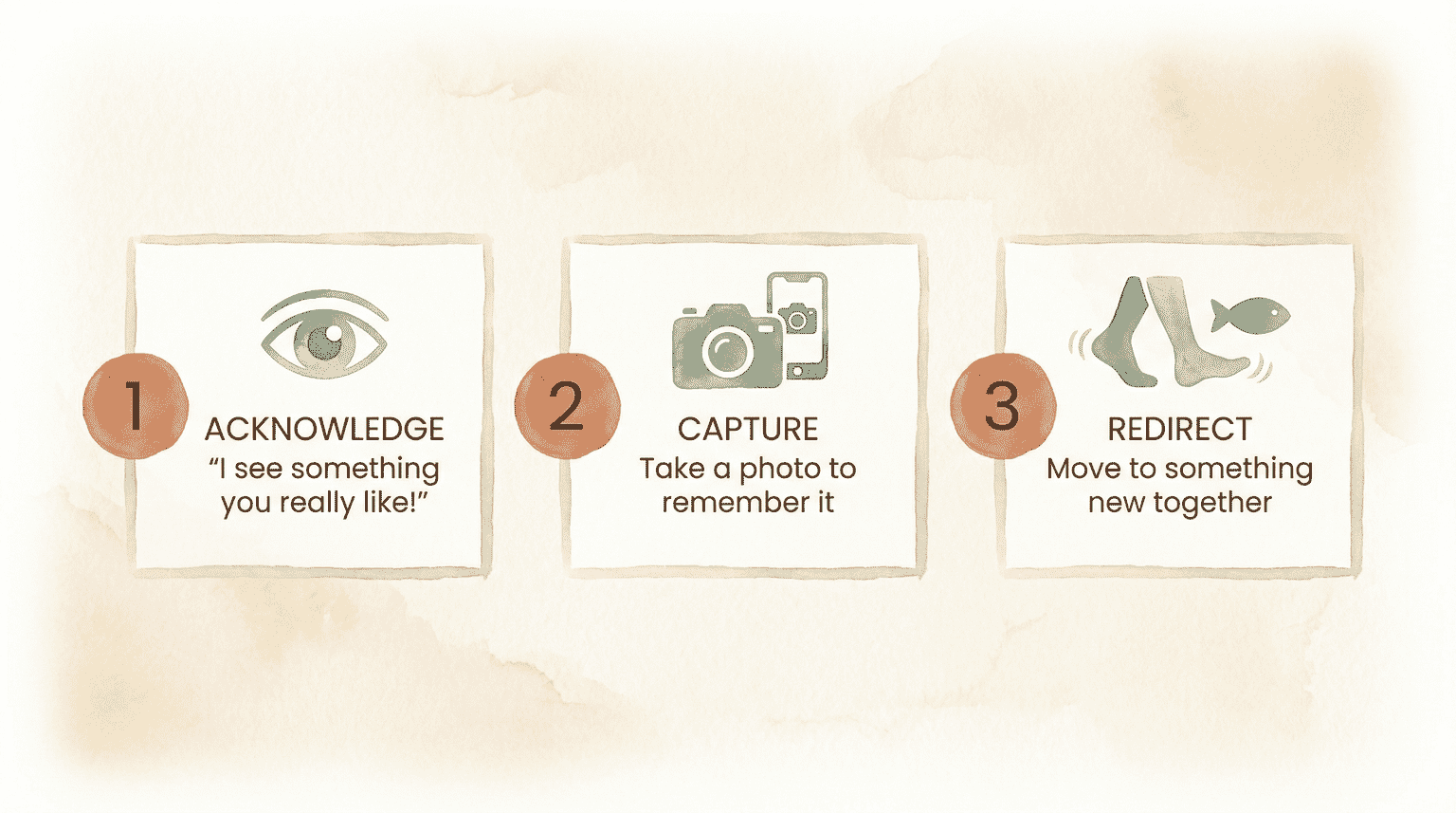Three step diagram showing acknowledge, capture with photo, and redirect strategy for handling gimmes