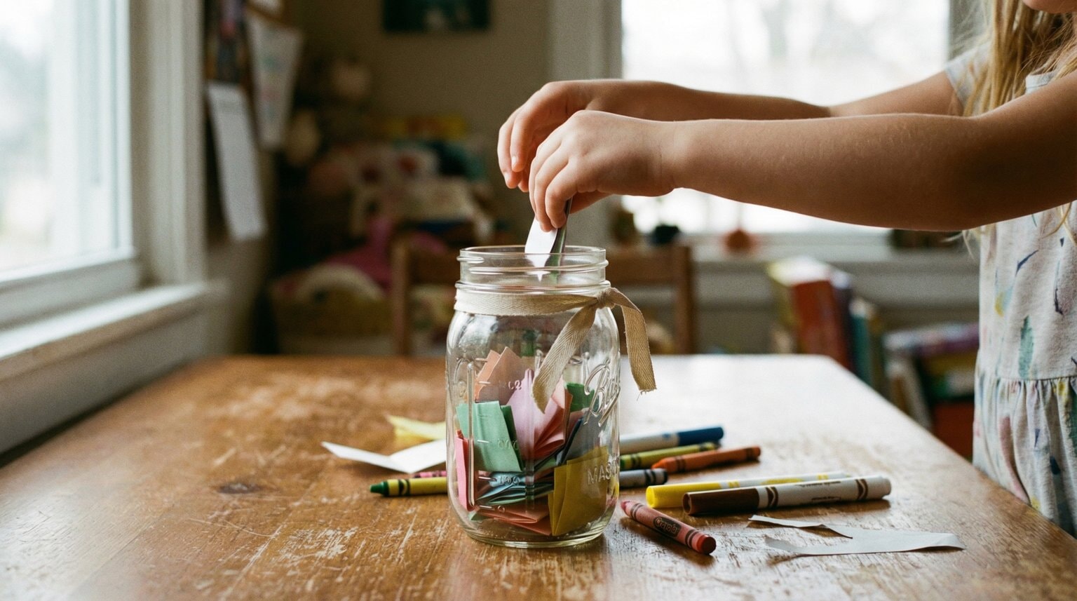 Child's hands dropping folded paper slip into mason jar half-full of colorful memory notes