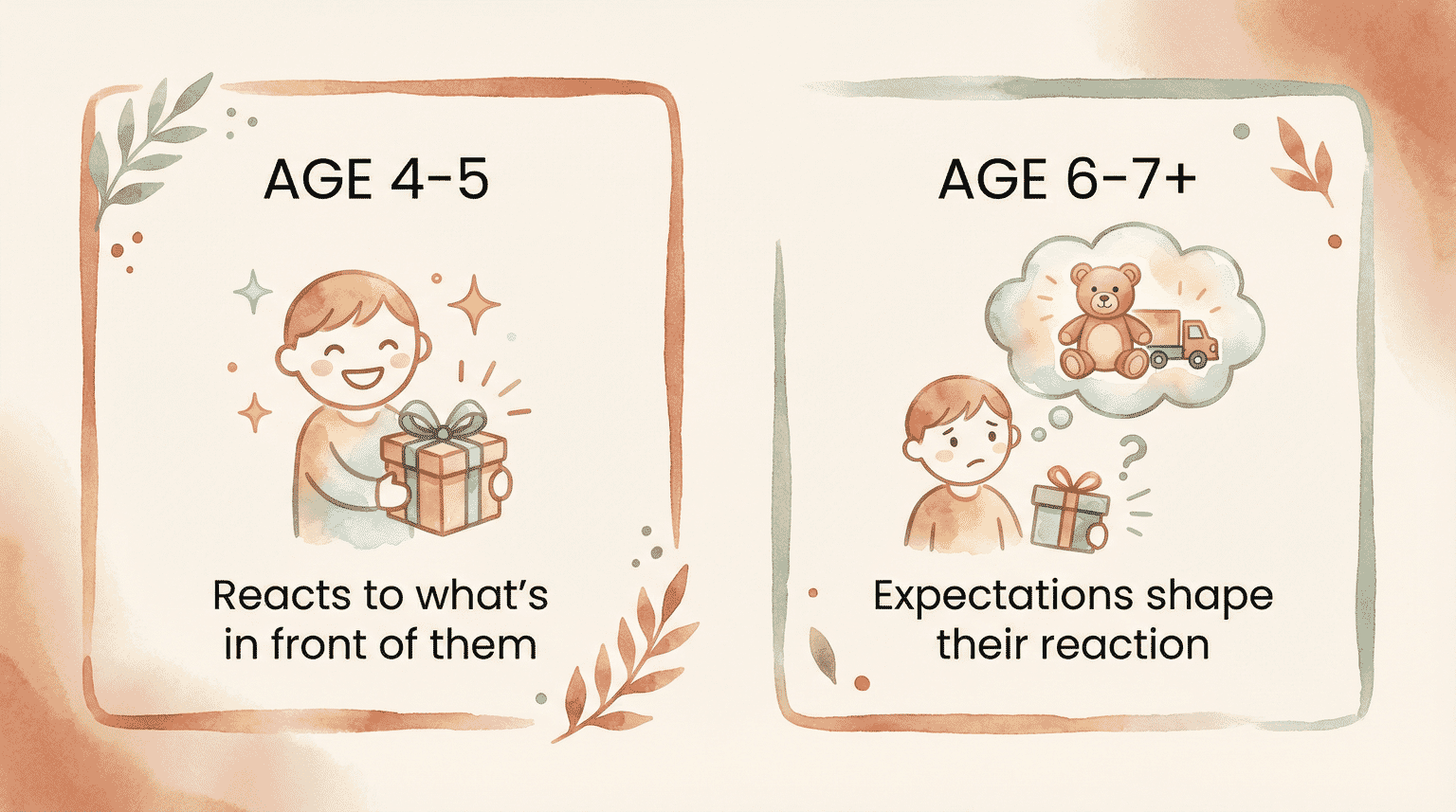 Comparison showing age 4-5 kids react to whats in front of them while age 6-7 kids have expectations shape their reaction