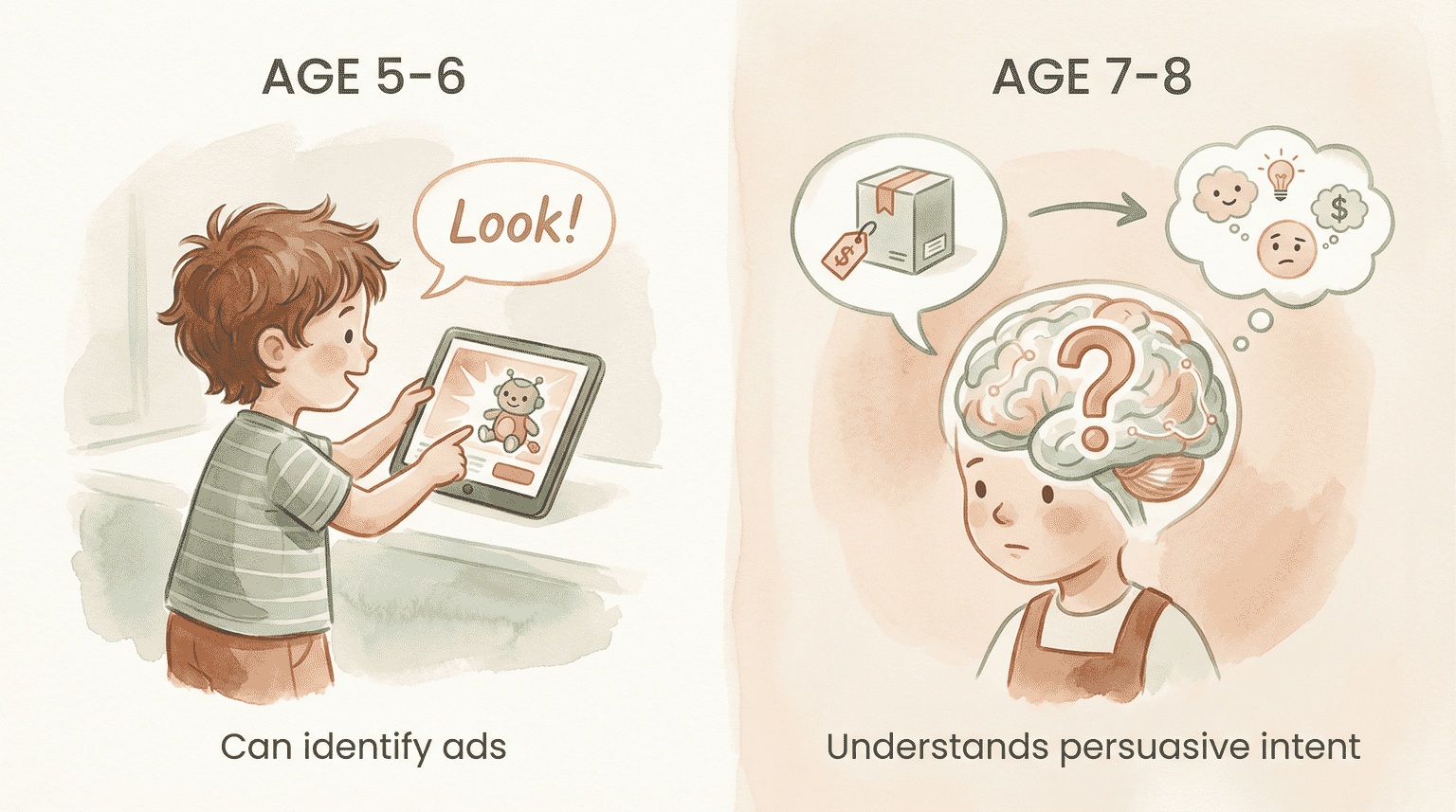 Infographic showing children can identify ads at age 5-6 but understand persuasive intent at age 7-8