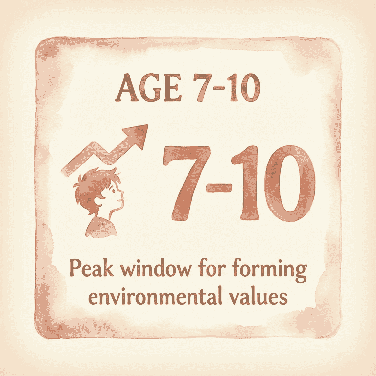 Stat box showing ages 7 to 10 as peak window for forming environmental values