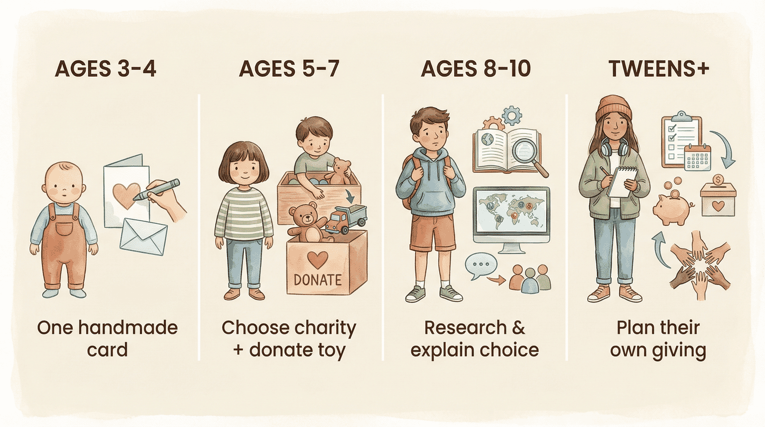 Watercolor step diagram showing age-appropriate birthday giving activities from ages 3-4 through tweens