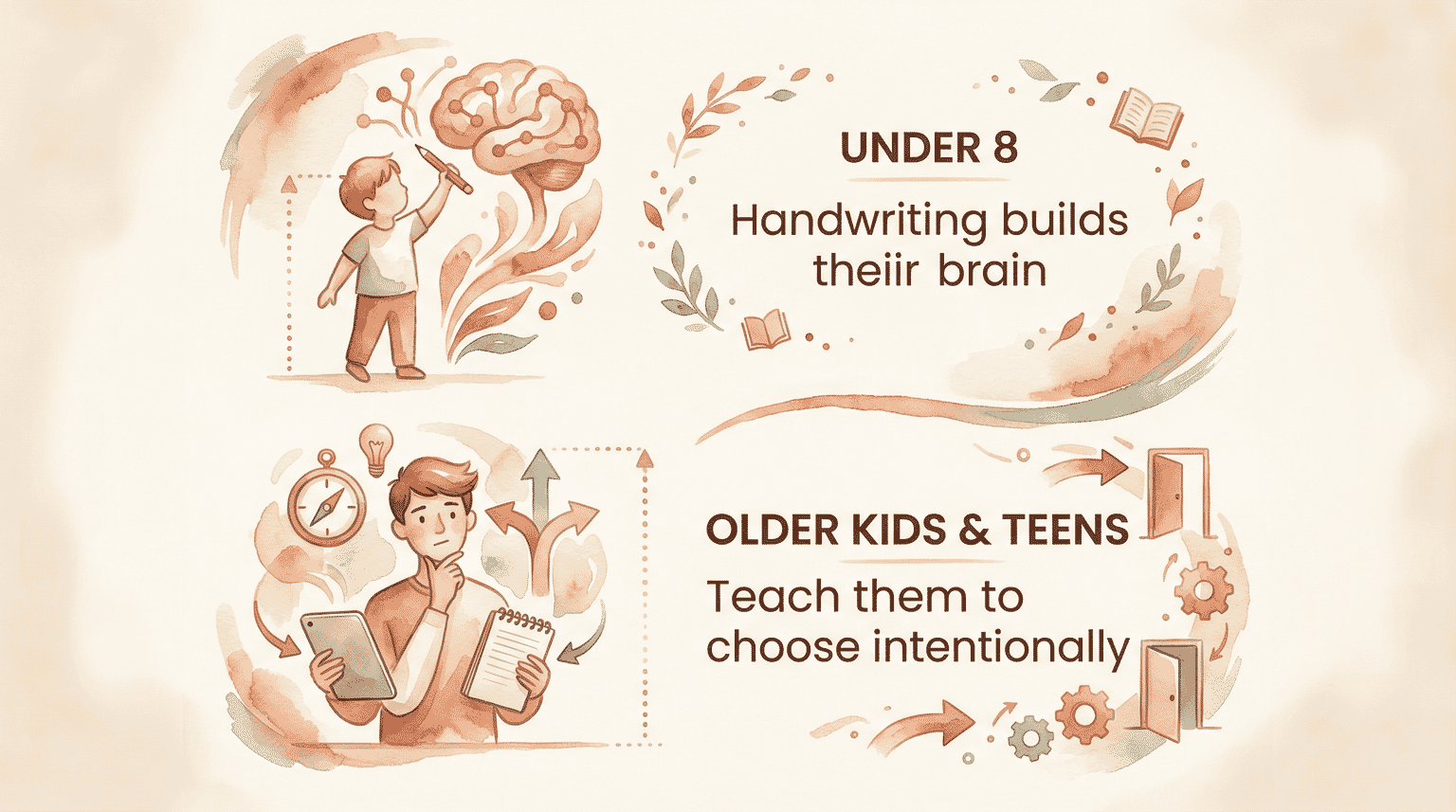 Infographic showing under 8 handwriting builds brain while older kids and teens should learn to choose intentionally