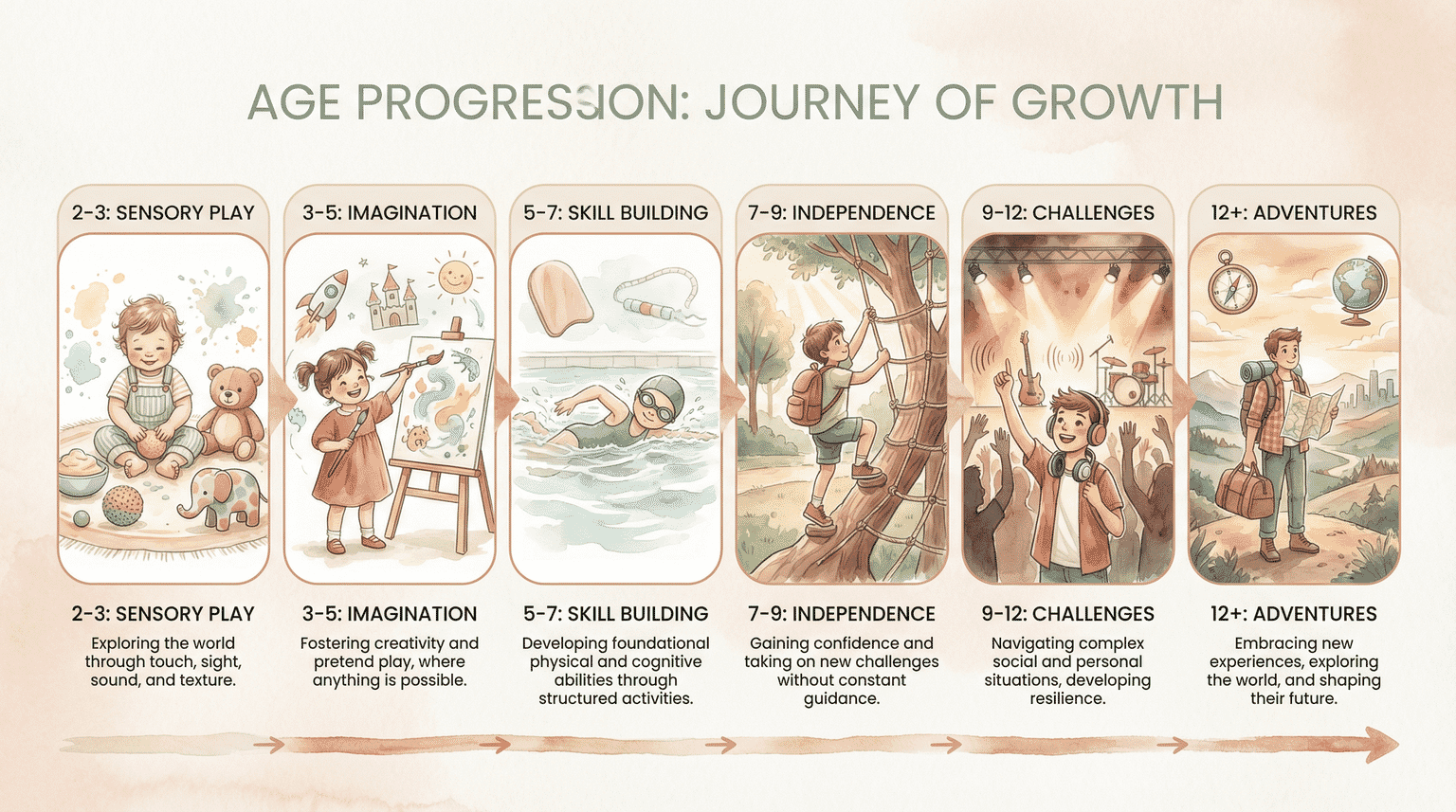 Age progression infographic showing experience gift ideas from toddlers to teens