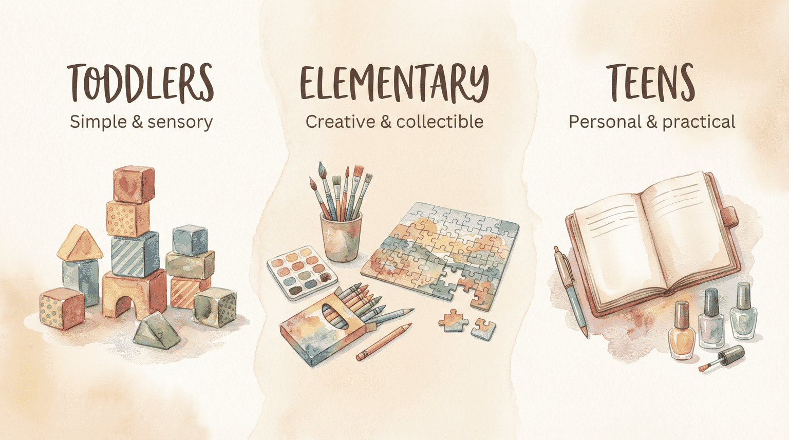Three age groups with activity icons showing toddler blocks, elementary crafts, and teen journal