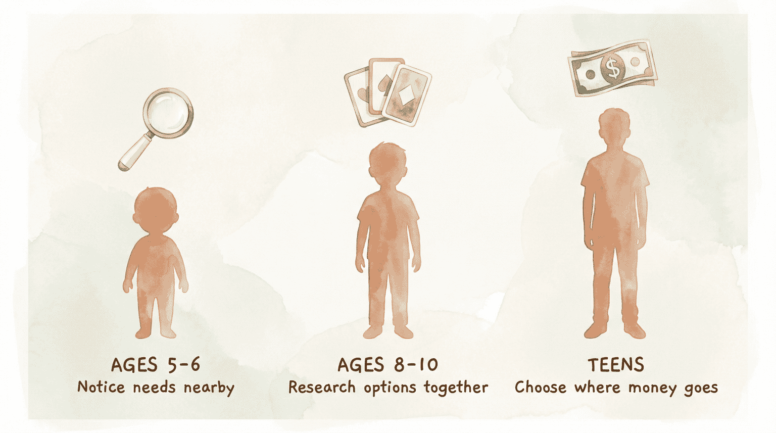 Infographic showing age-appropriate giving stages from noticing needs to researching causes