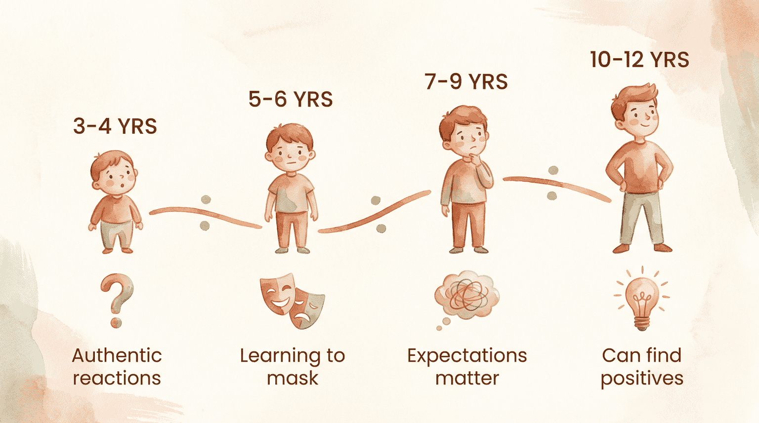 Timeline showing four age groups from 3-4 years with authentic reactions through 10-12 years who can find positives