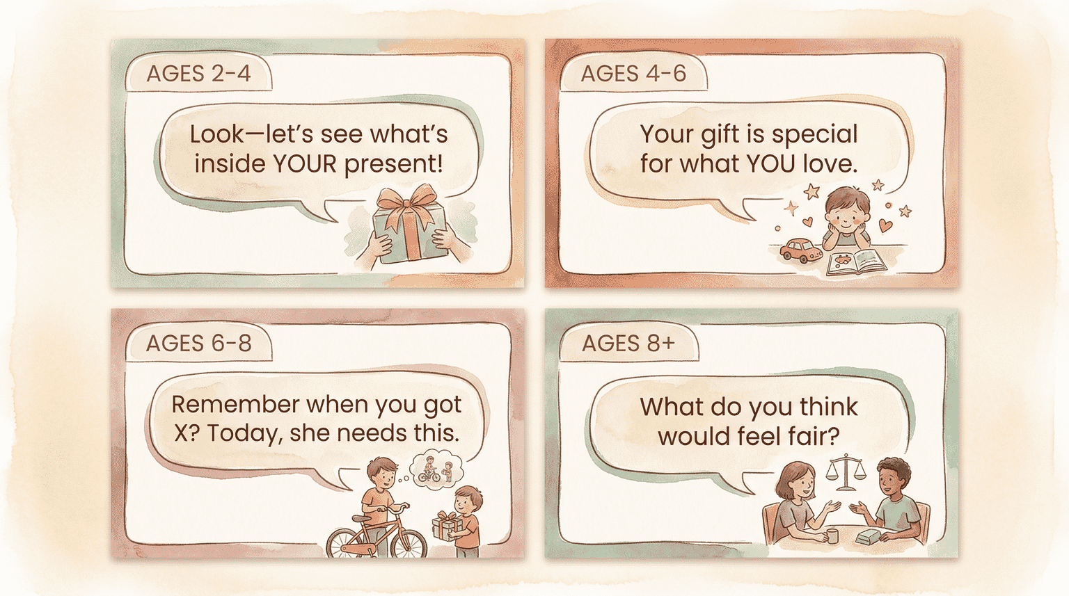 Four age-appropriate response scripts for handling fairness complaints from ages 2-4 through 8 plus