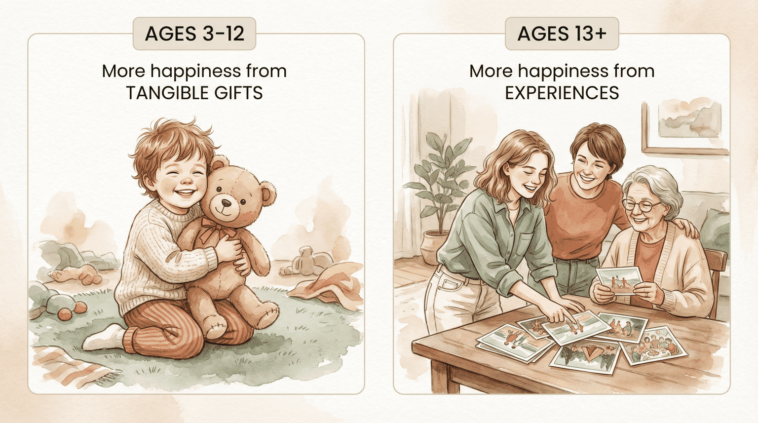 Comparison showing children ages 3-12 prefer tangible gifts while teens 13 plus prefer experiences