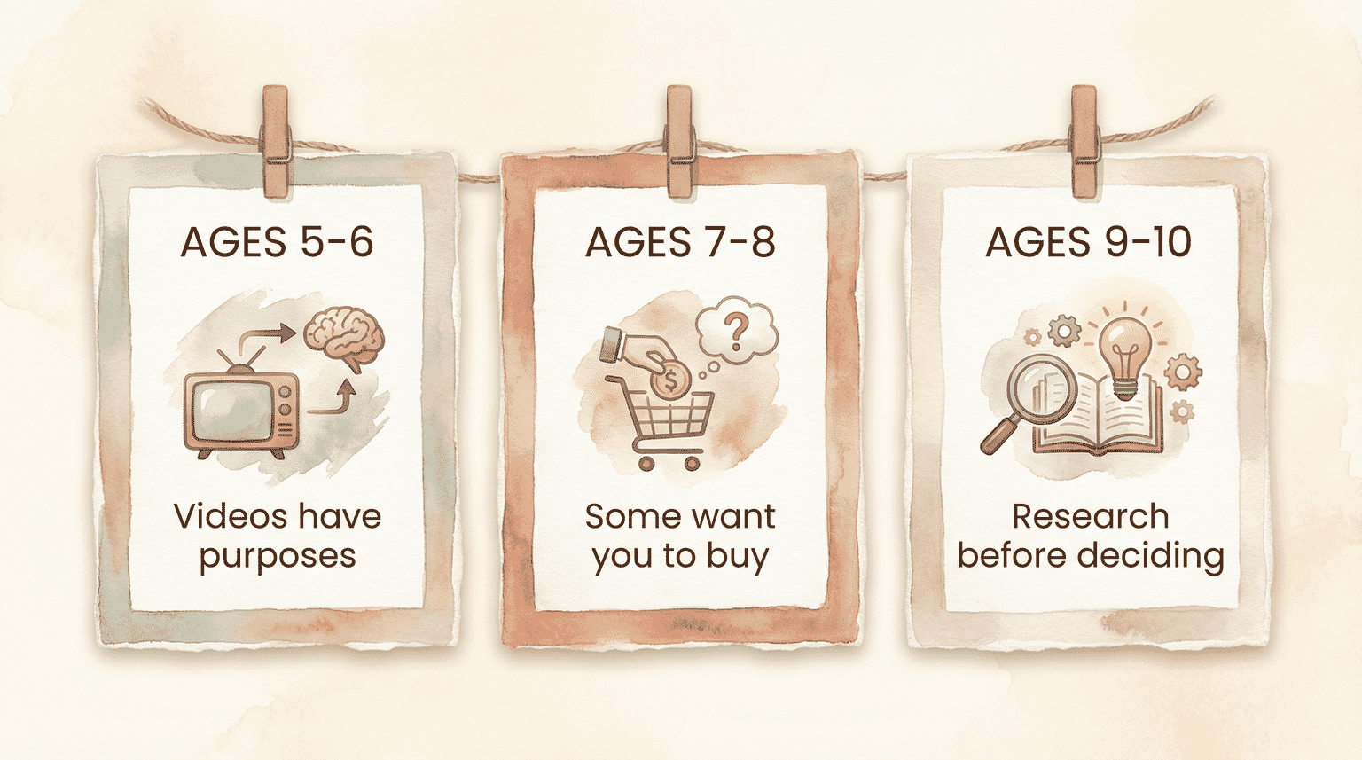 Three age milestone cards showing progression from videos have purposes to some want you to buy to research before deciding