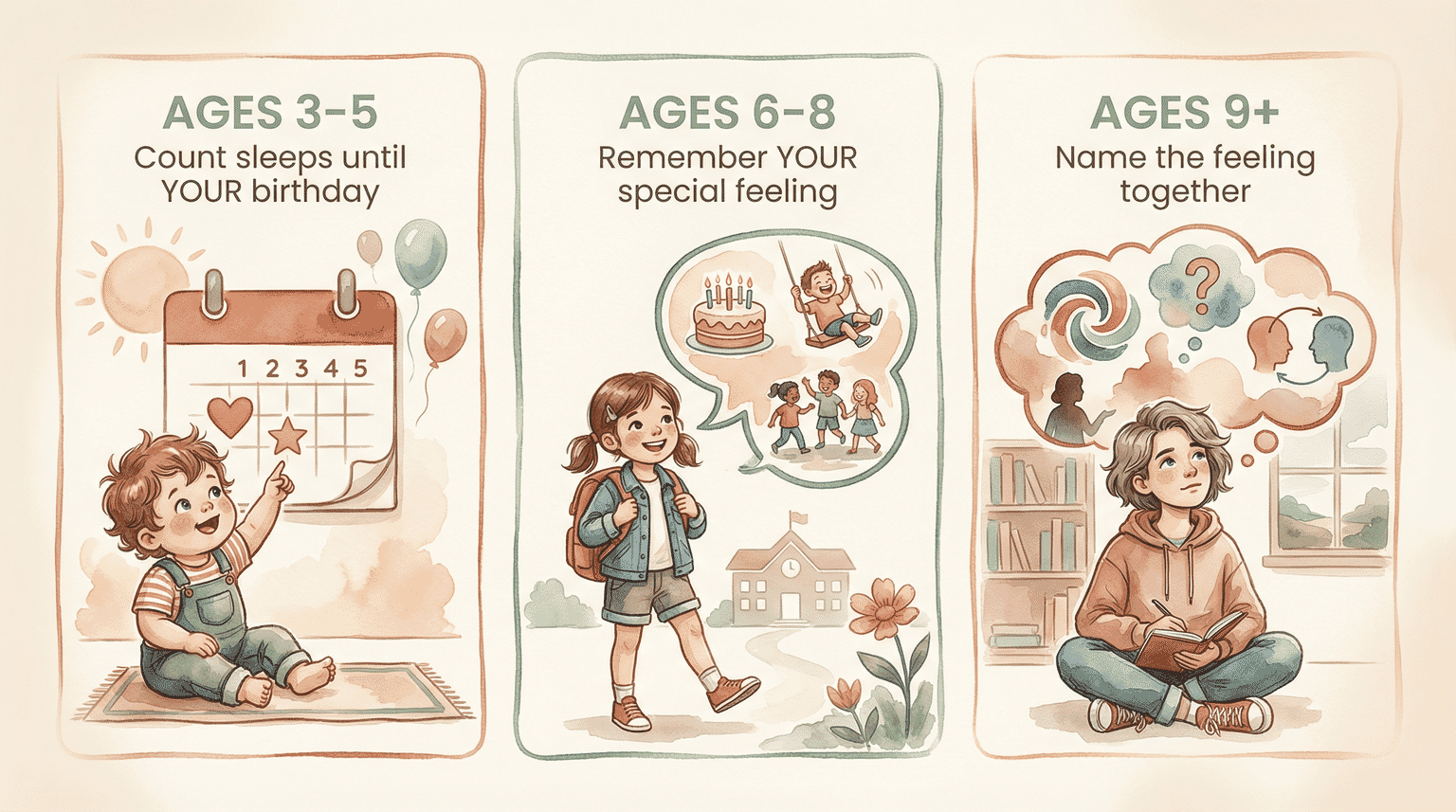 Three-panel infographic showing age-specific scripts for preschoolers, school-age, and older kids