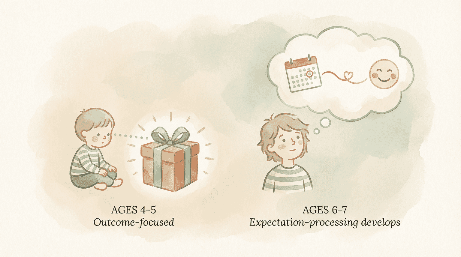 Timeline showing ages 4-5 as outcome-focused transitioning to ages 6-7 when expectation-processing develops