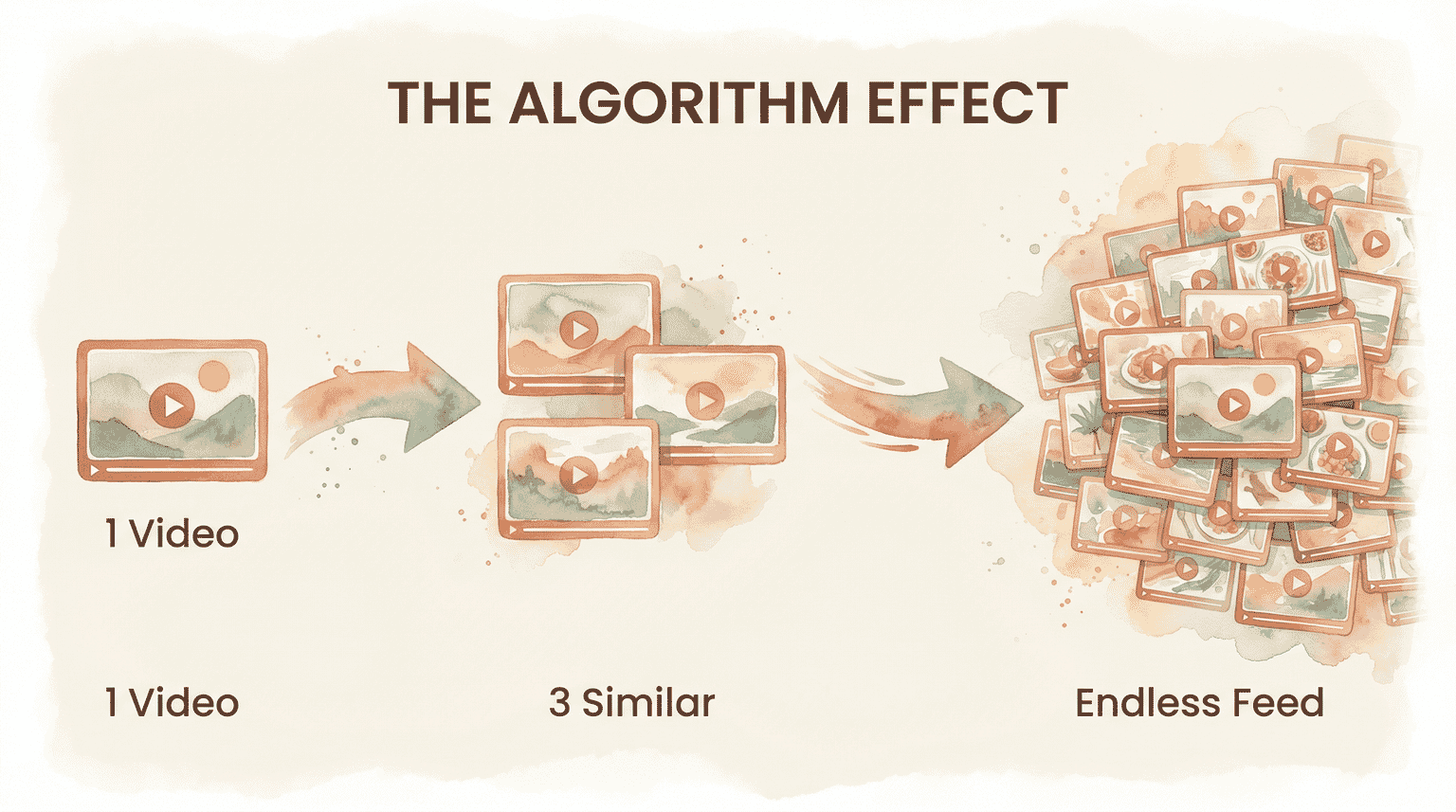 Infographic showing how one video leads to three similar videos then an endless feed through algorithm recommendations