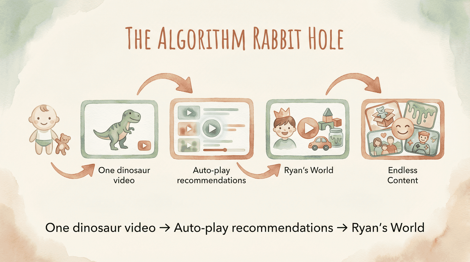 Diagram showing how YouTube algorithm leads from one dinosaur video to Ryan's World through auto-play