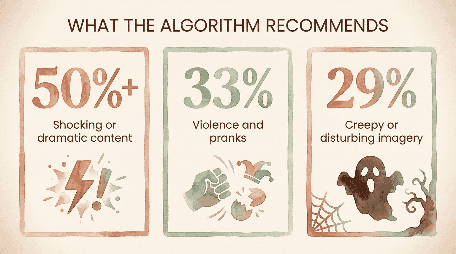 Infographic showing 50% shocking content, 33% violence, 29% disturbing imagery in YouTube recommendations