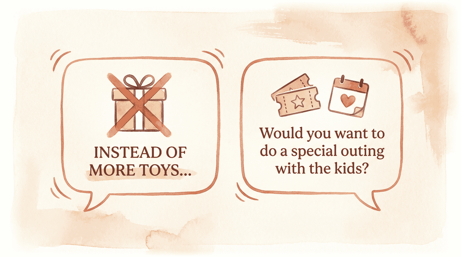 Illustration showing alternatives to toy gifts including experience outings and quality time together