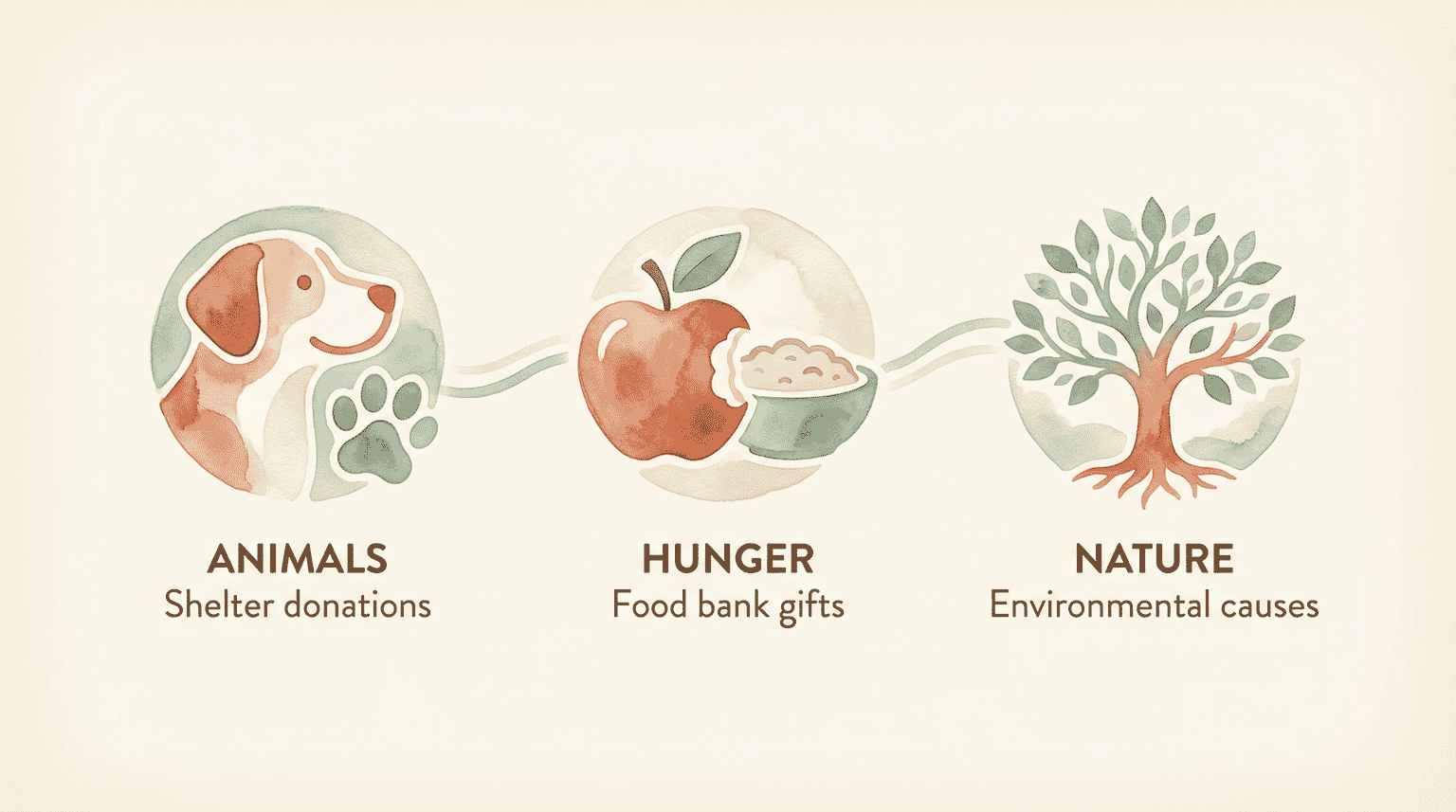 Three cause icons showing animals, hunger, and nature options for children's first donation
