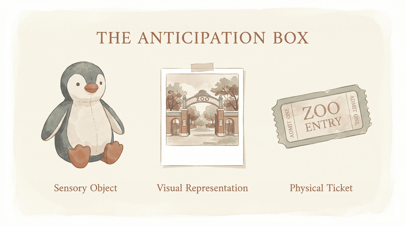 Watercolor illustration of anticipation box items including stuffed penguin, zoo photo, and ticket stub