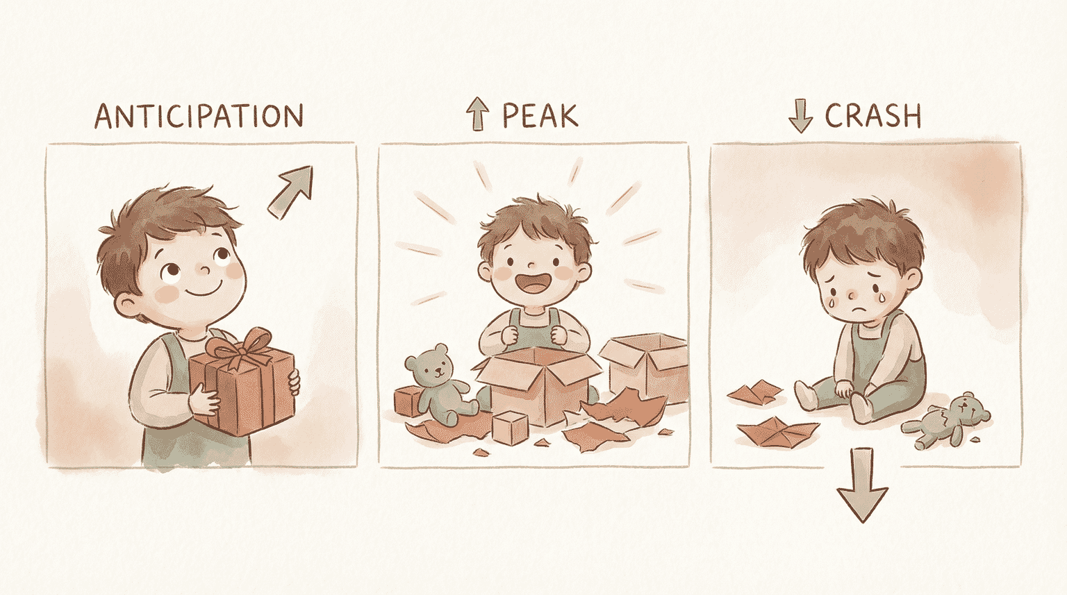 Watercolor illustration showing child's emotional journey from gift anticipation to peak excitement to post-opening crash