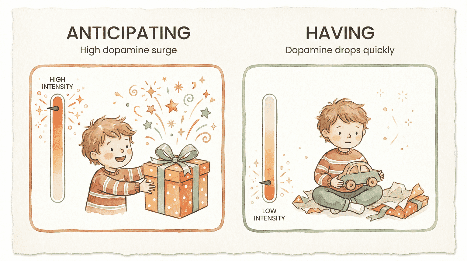 Comparison chart showing high dopamine during anticipation versus dopamine drop after receiving gift