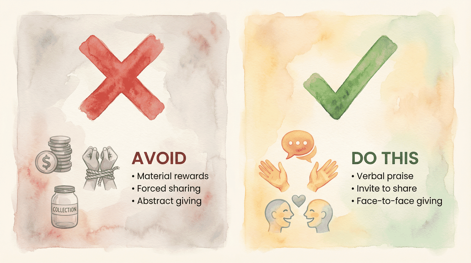 Comparison chart showing approaches to avoid versus approaches that build genuine generosity