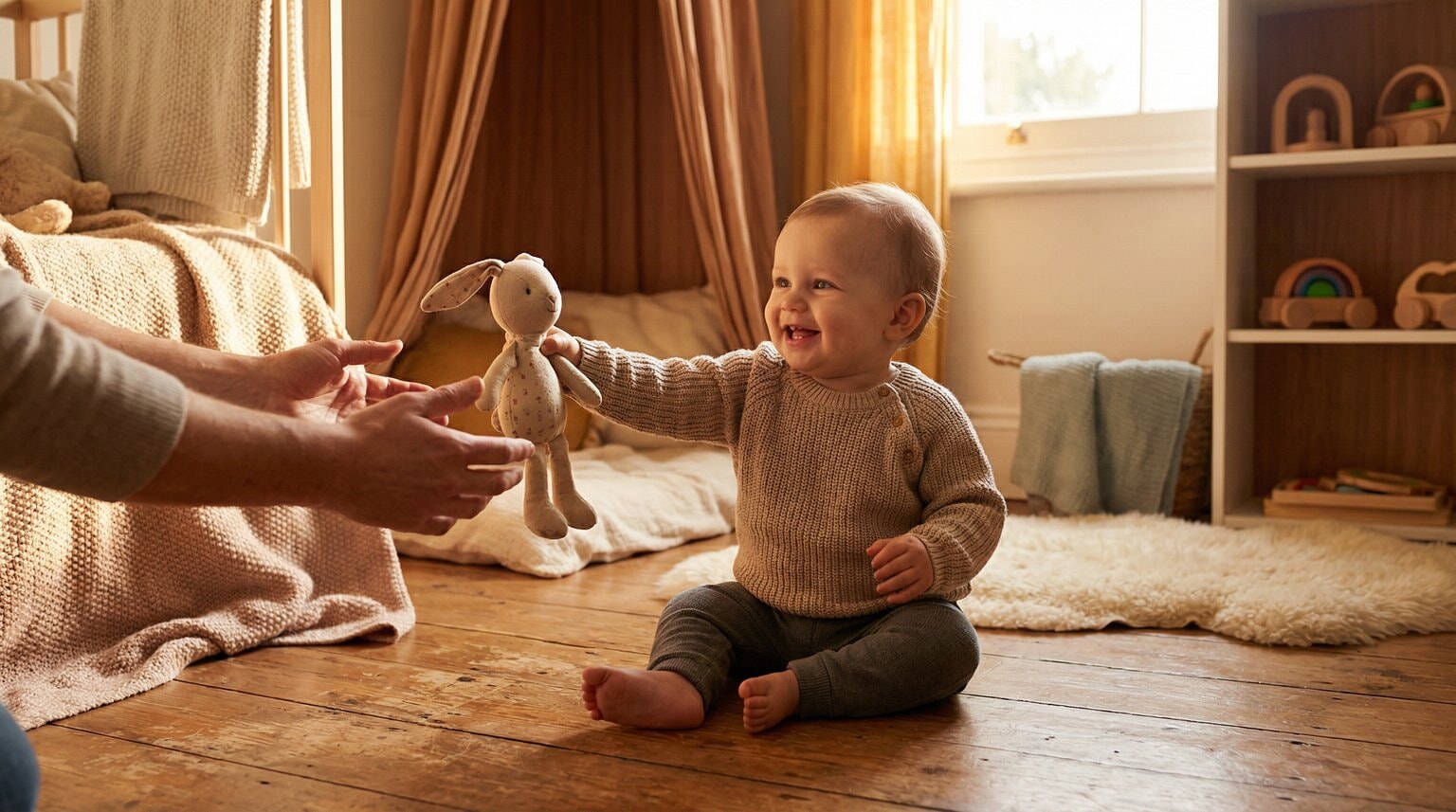 12-month-old baby happily handing soft toy to parent in cozy nursery
