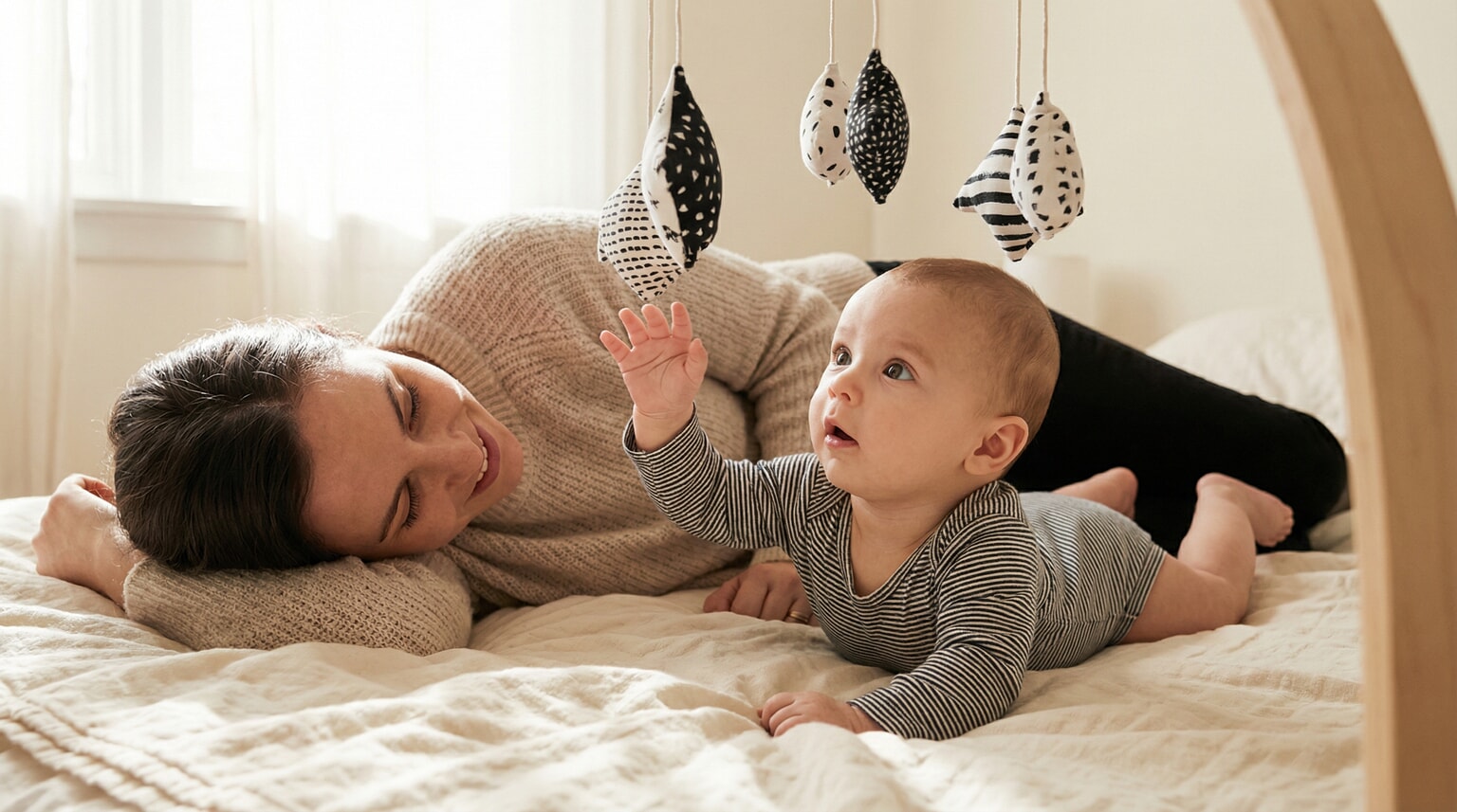 Baby during tummy time reaching toward high-contrast black and white mobile toy