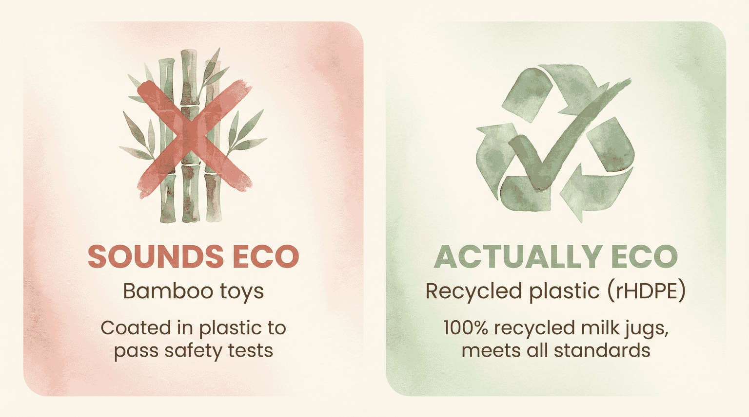 Comparison showing bamboo toys require plastic coating versus recycled plastic being genuinely eco-friendly